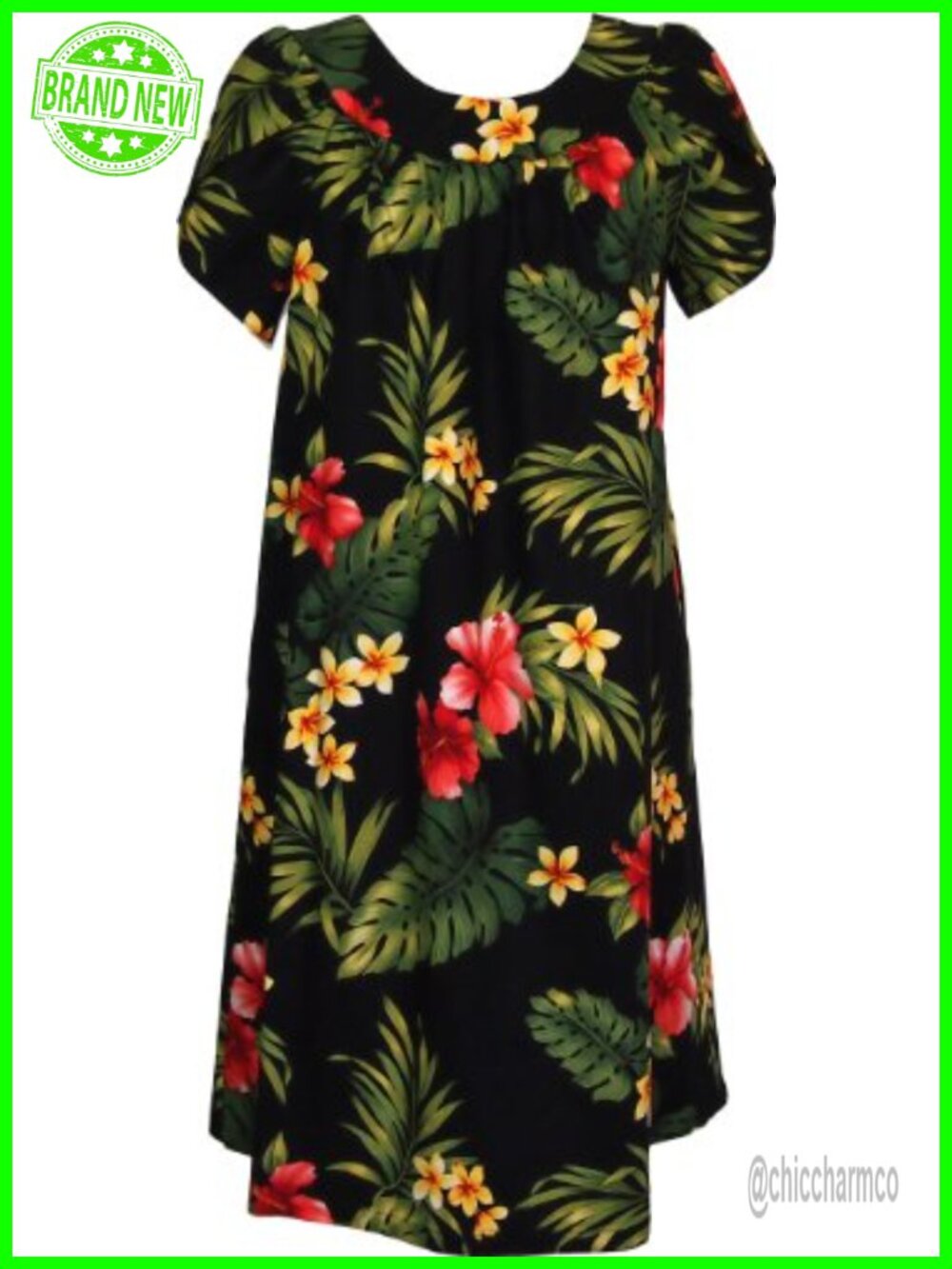 Tropical Hibiscus Muumuu Dress Petal Sleeve Tea Length Pullover